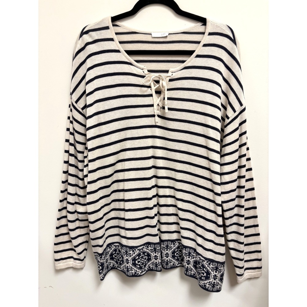 J Jill Lace Up‎ Cotton Knit Sweater Blue Cream Stripe Nautical Fisherman   XL